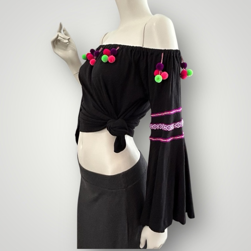 Pitusa Stretch Cotton OTS Peasant Blouse with Dingle Balls